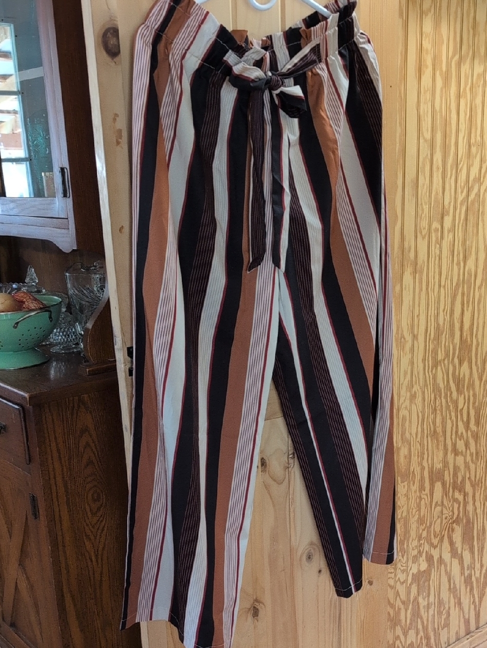 Striped Paperbag Waist Wide Leg Pants - Black, Cream & Brown